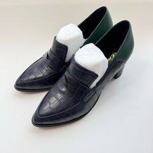 Size 7 FOWT crocodile loafers high heel block pump blue green